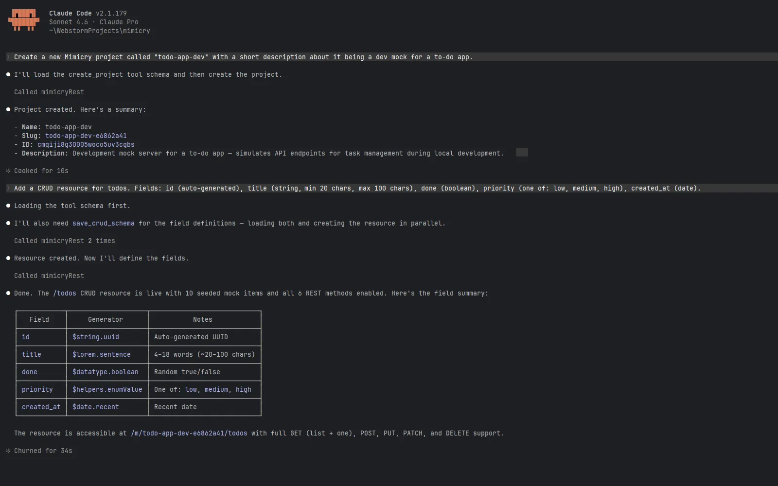A terminal running Claude Code with a Mimicry MCP session, creating a project and a CRUD resource for a to-do app