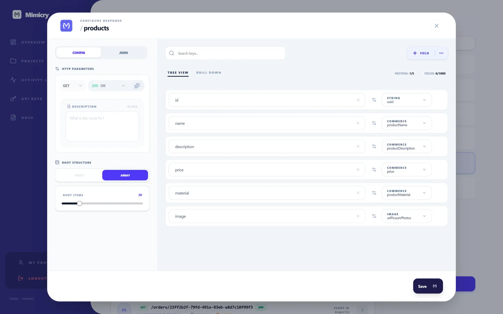 Mimicry CRUD product resource schema editor with Faker types and varied generated data for an e-commerce catalog Mimicry CRUD product resource schema editor with Faker types and varied generated data for an e-commerce catalog