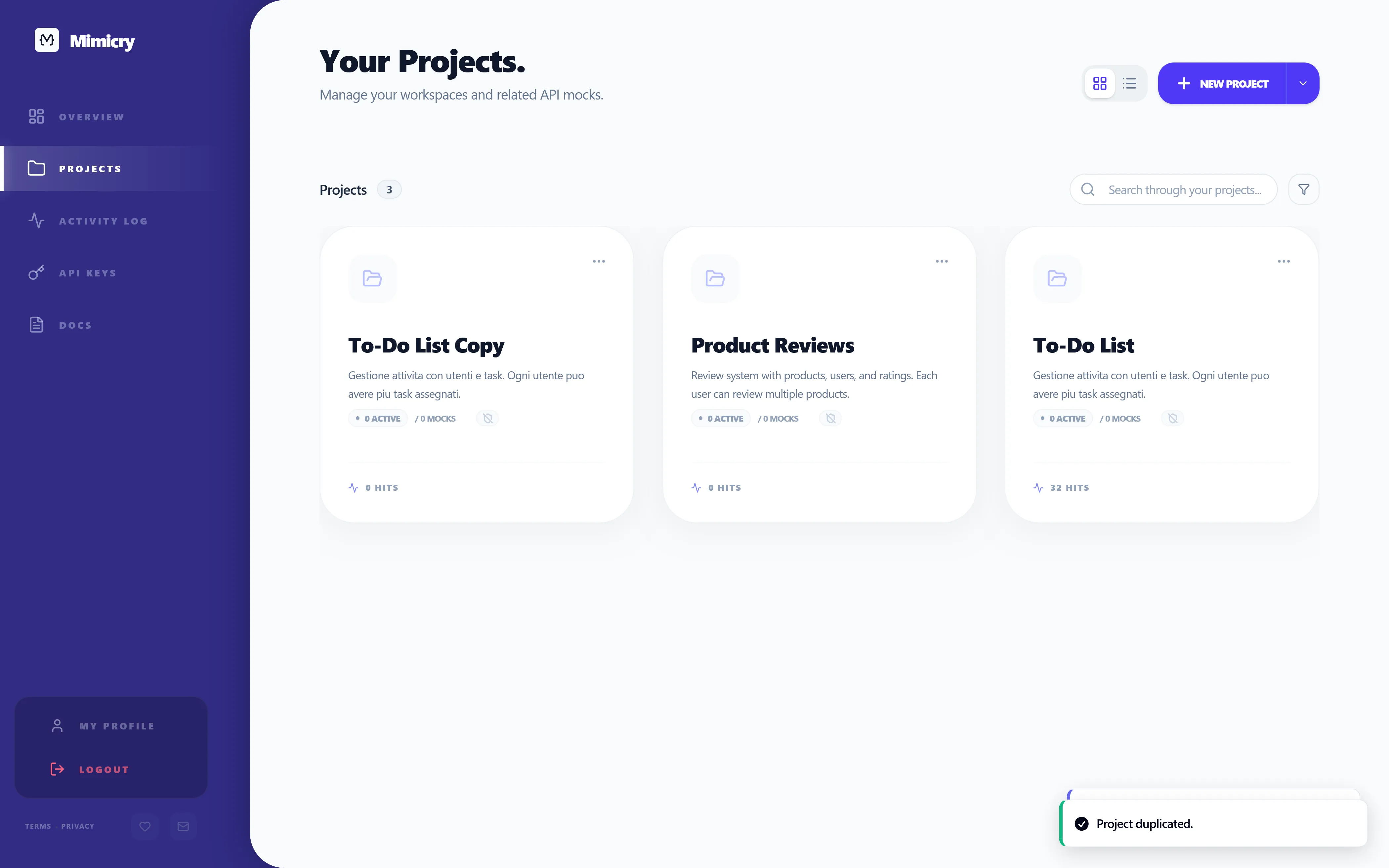Mimicry project overview with a generated mock endpoint URL ready to copy and share with the team